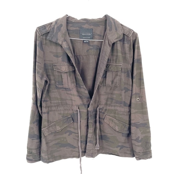 Sanctuary Anthropologie Camo Pockets Cinched Tie Waist Roll Tab Sleeve Jacket - Picture 2 of 6